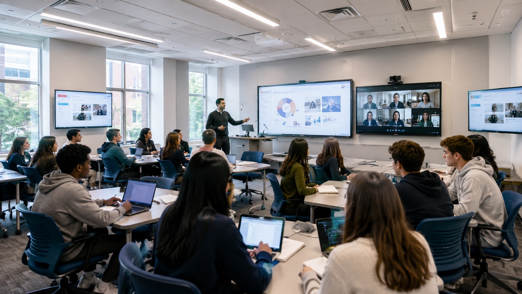 People collaborating naturally in an active learning classroom