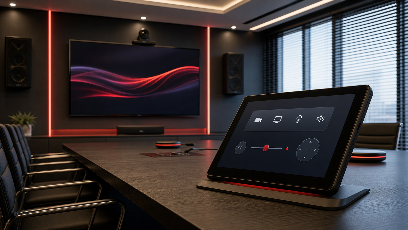 Touchscreen controlling an integrated boardroom audio visual system