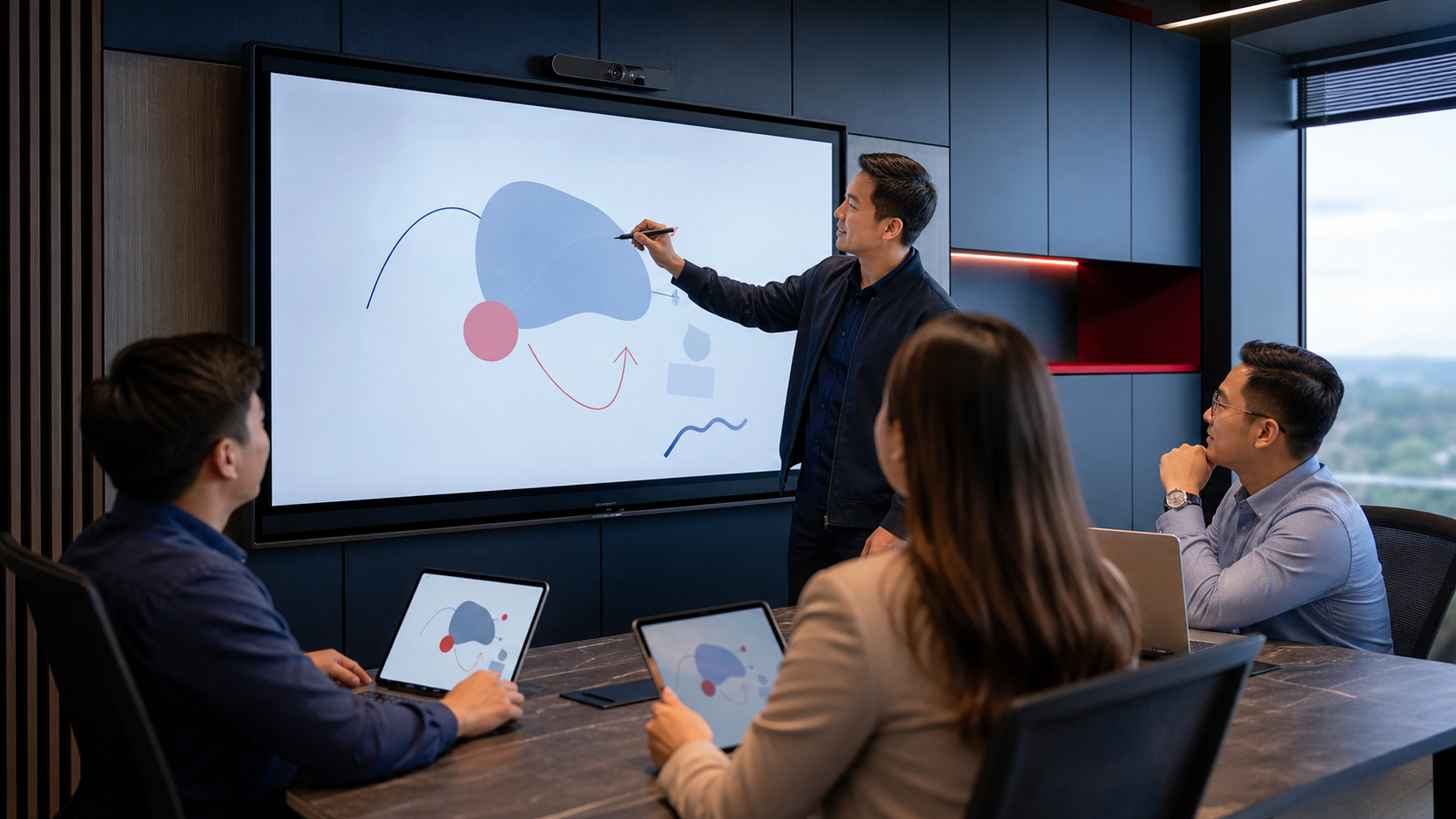 Business team collaborating with an interactive presentation display