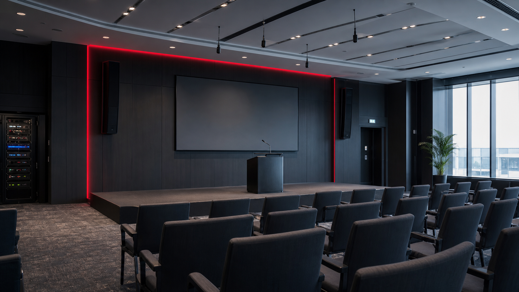 Professional audio system installed in a corporate presentation and event space