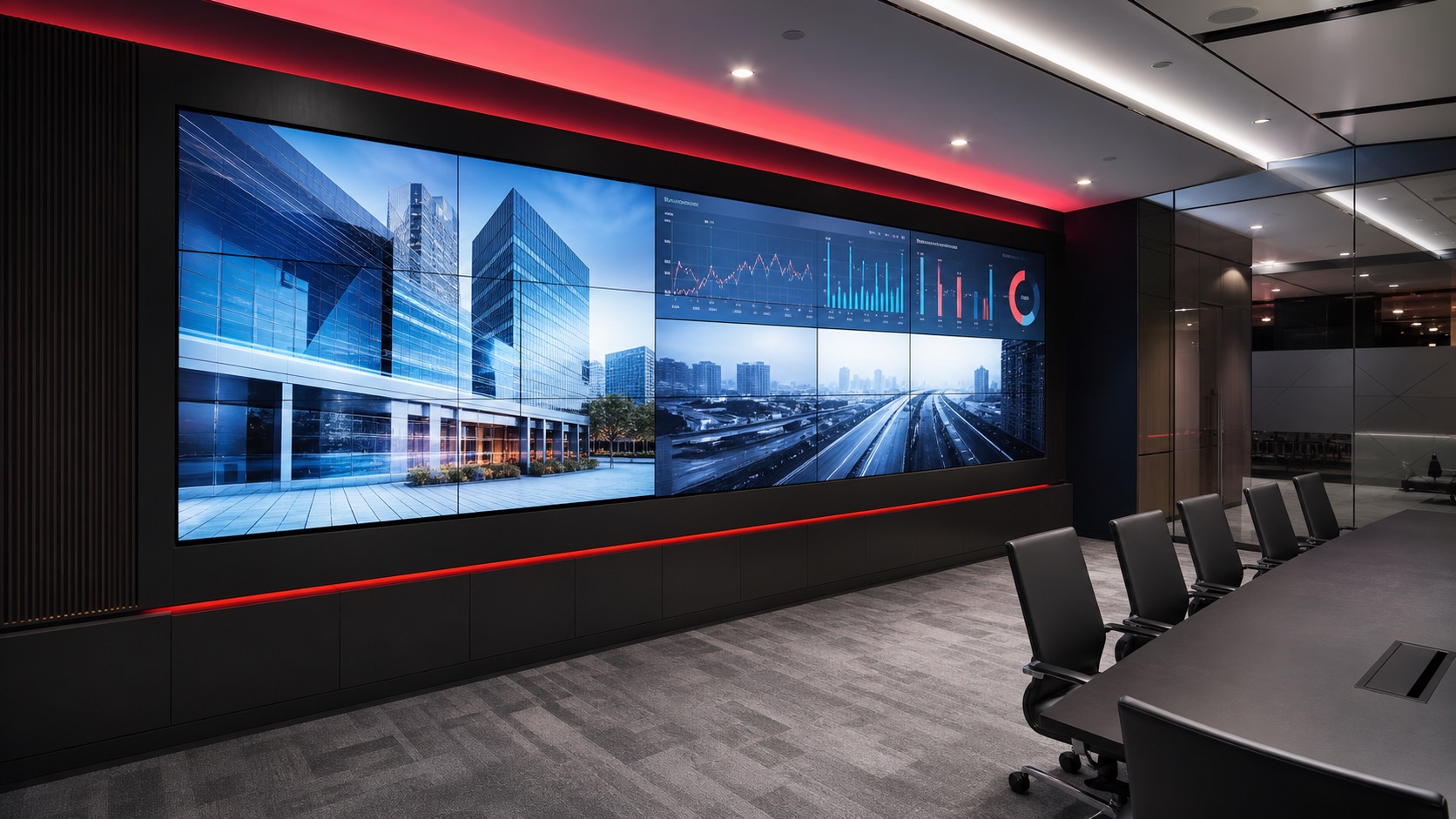 Commercial LED video wall integrated into a modern corporate presentation room