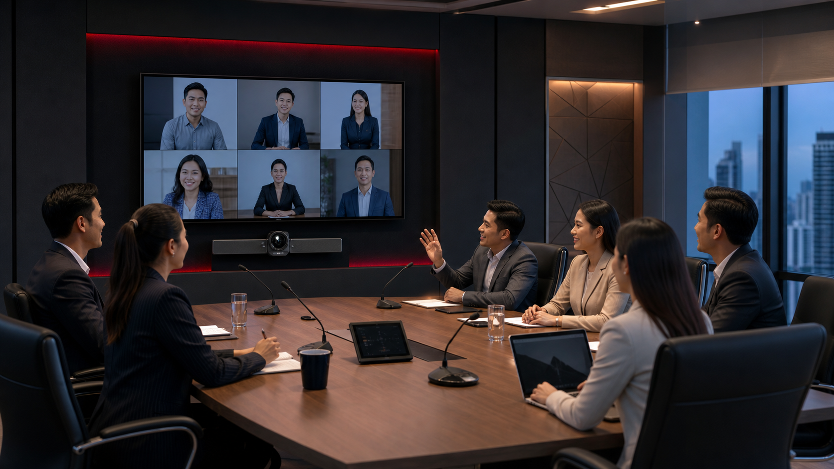 Hybrid video conference room with integrated camera microphones and display