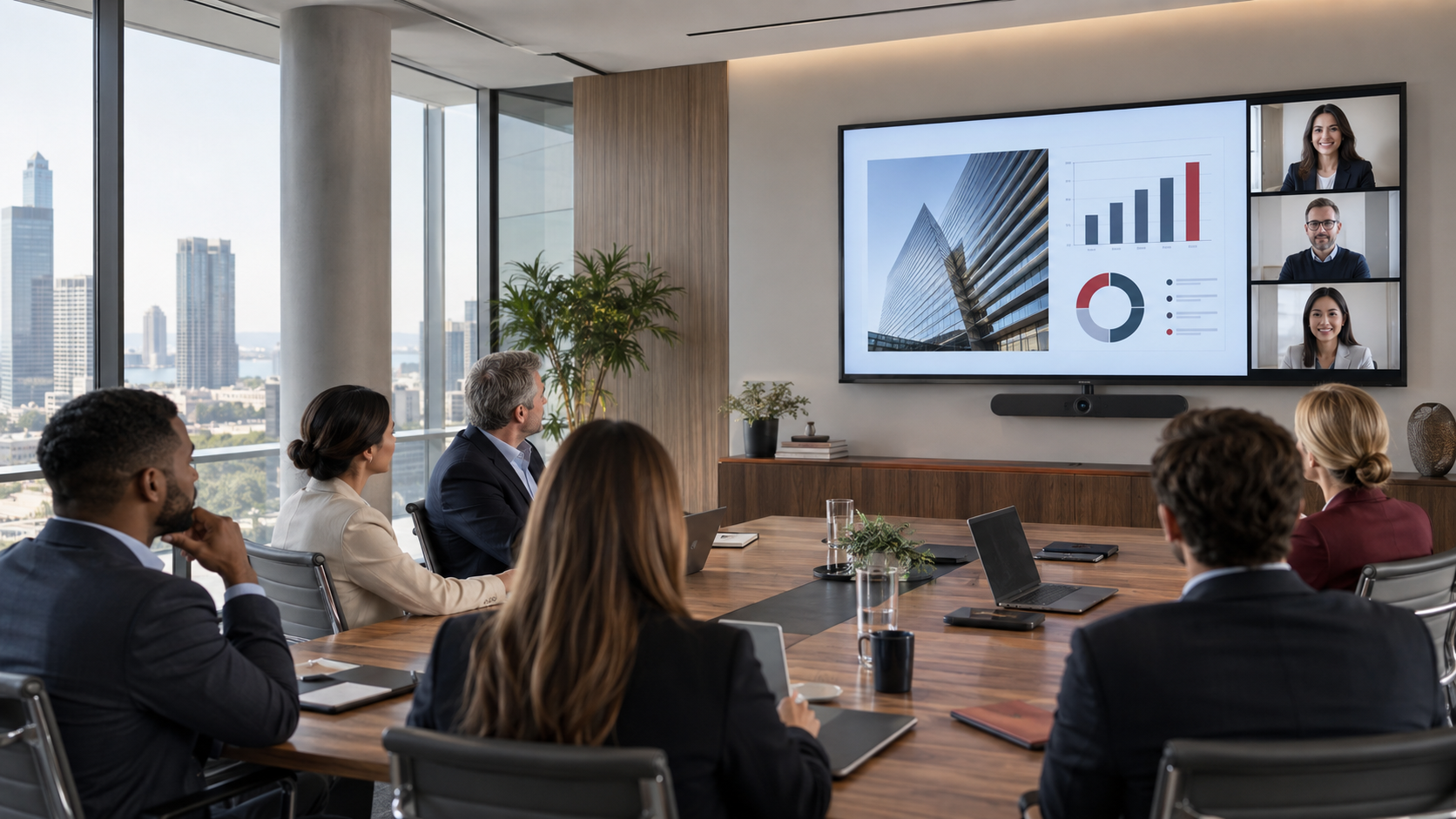 Commercial meeting room display showing presentation content and remote participants to an in-room team