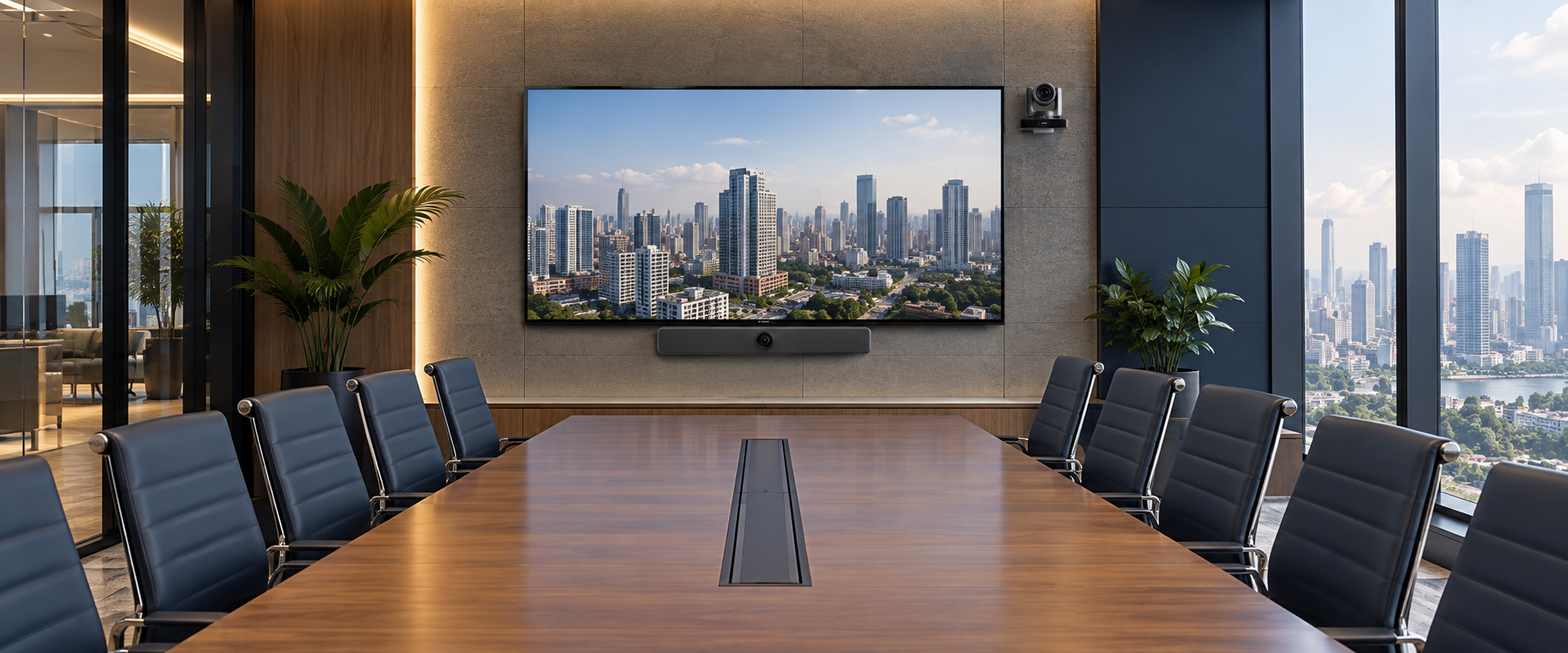 Modern conference room showing an all-in-one video bar and a PTZ camera for comparing meeting-room camera options