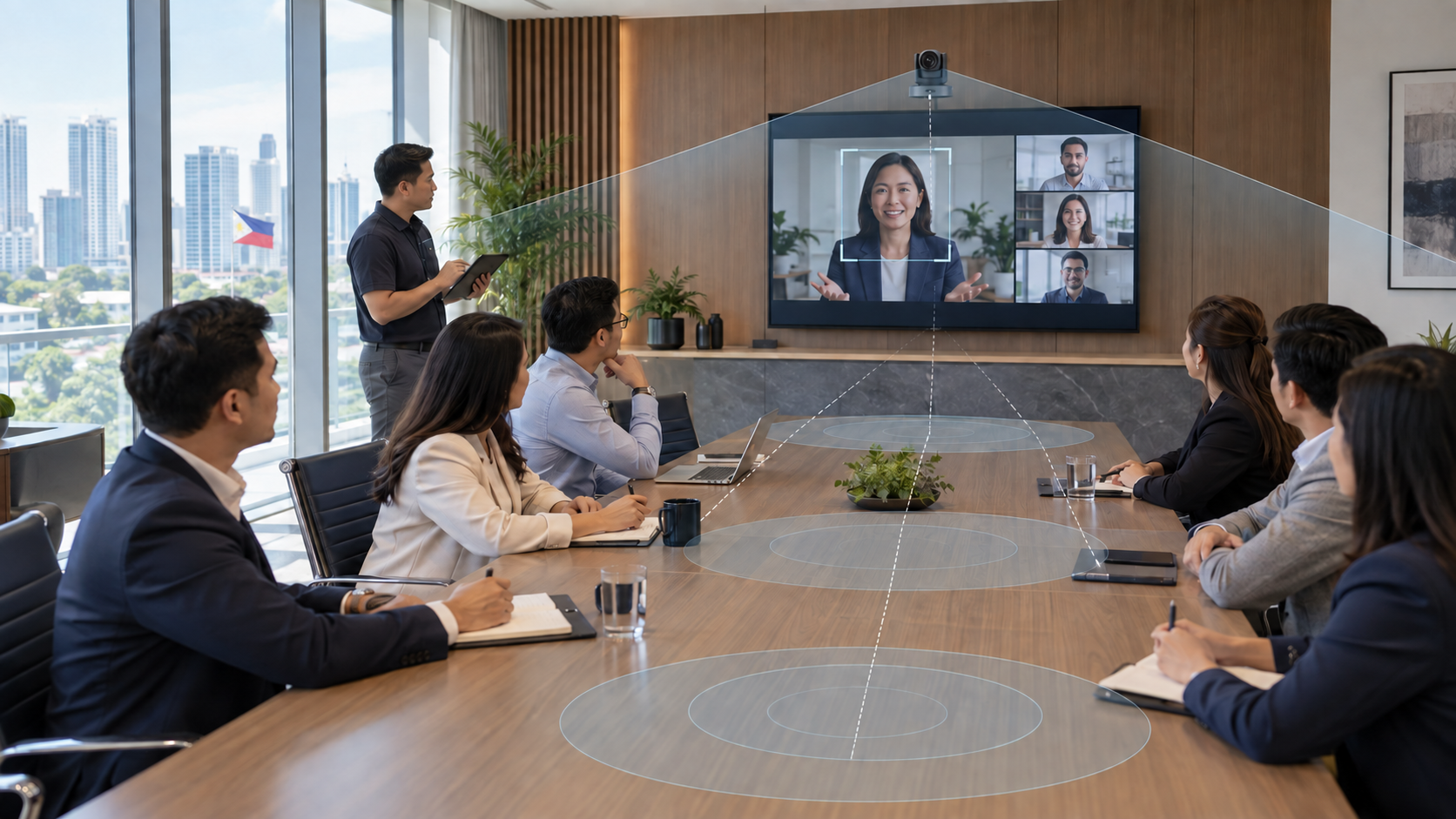 AV consultant assessing camera field of view, seating distance, presenter tracking, and microphone coverage in a conference room