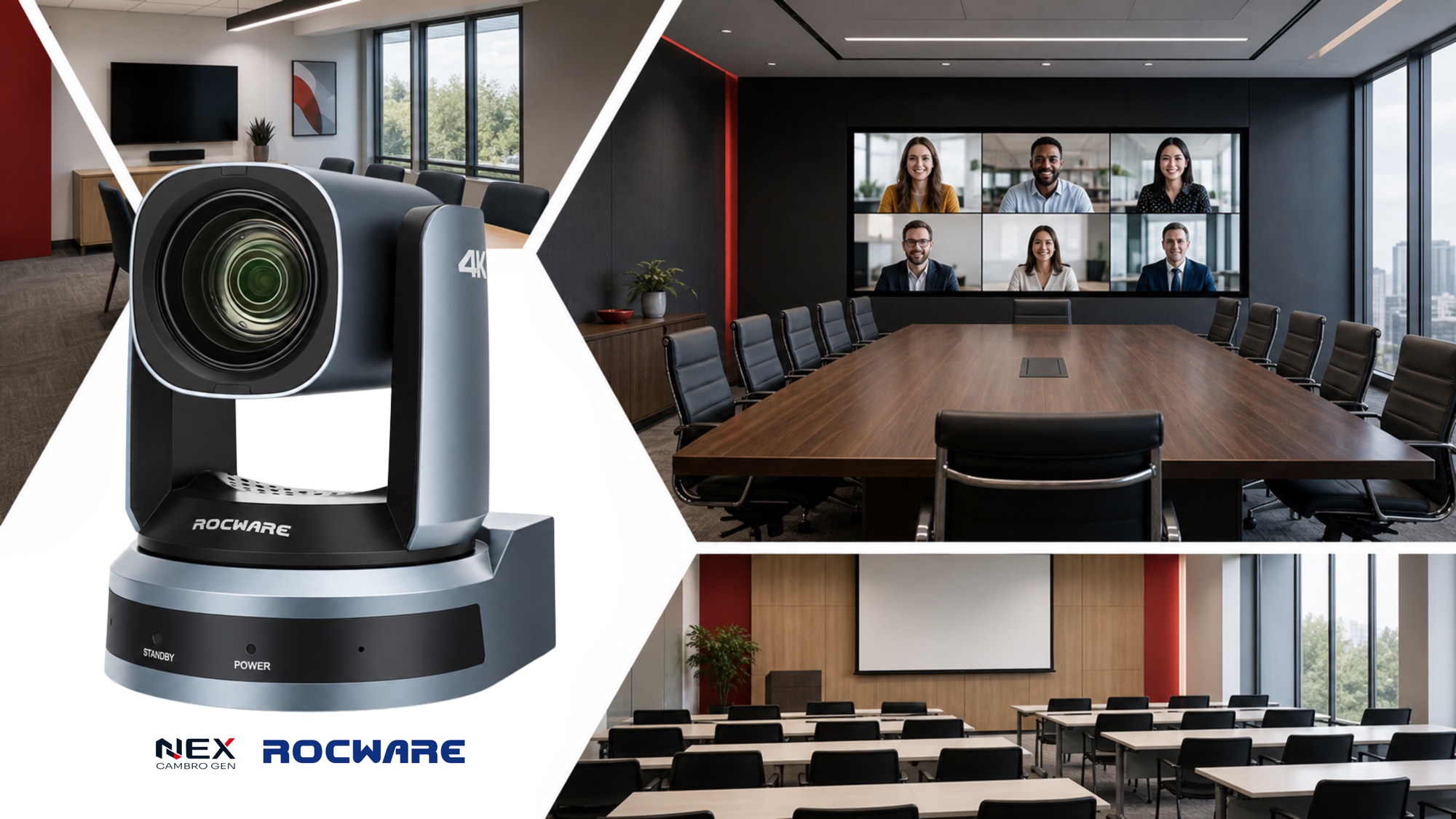 Rocware PTZ conference camera with meeting room, boardroom, and training room applications