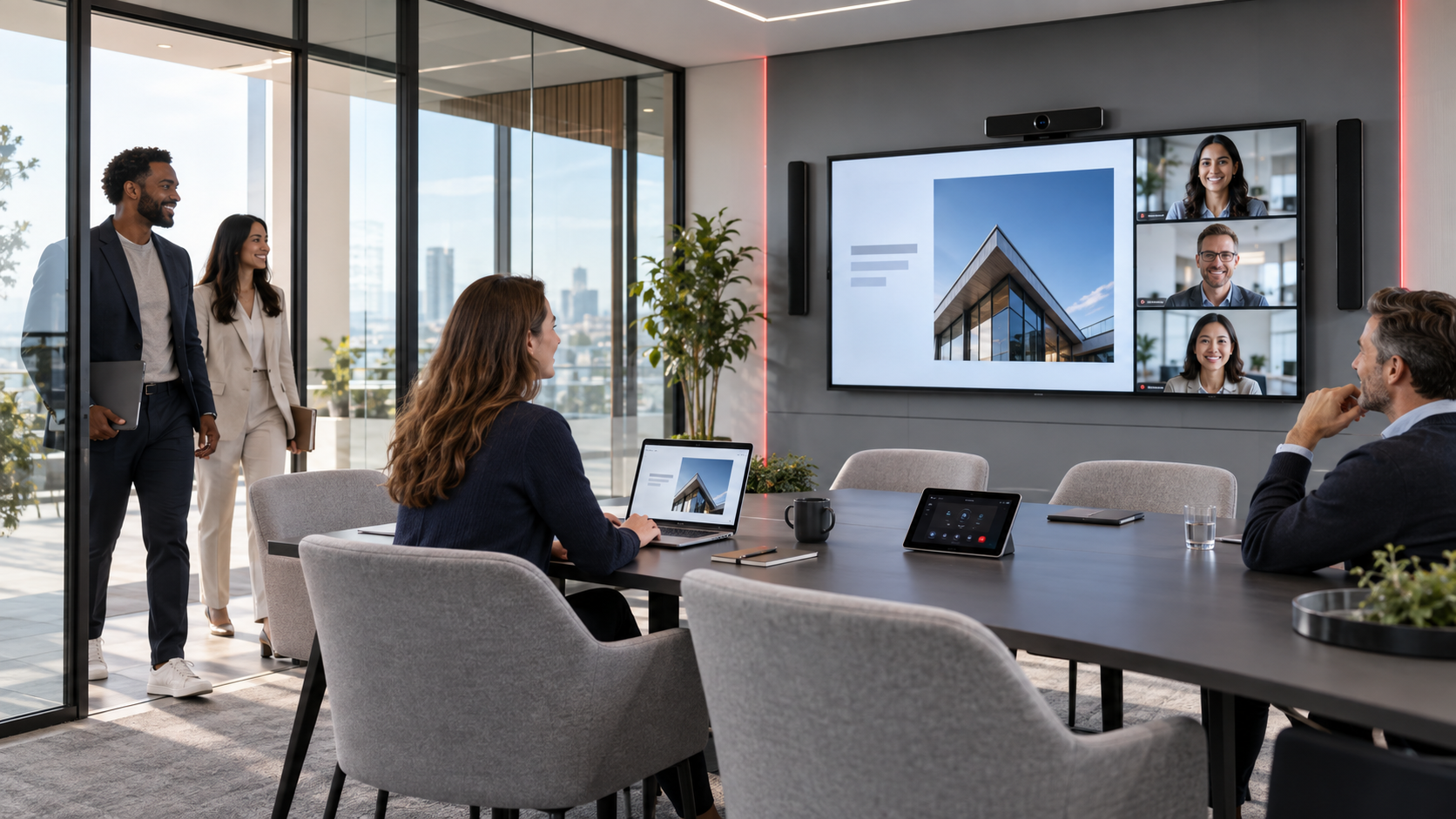 Professionals entering and using a connected meeting room with wireless presentation, hybrid video conferencing, and tabletop control