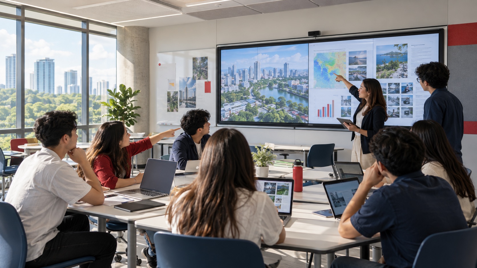 University students and an instructor comparing digital work on a shared classroom display in an active learning environment
