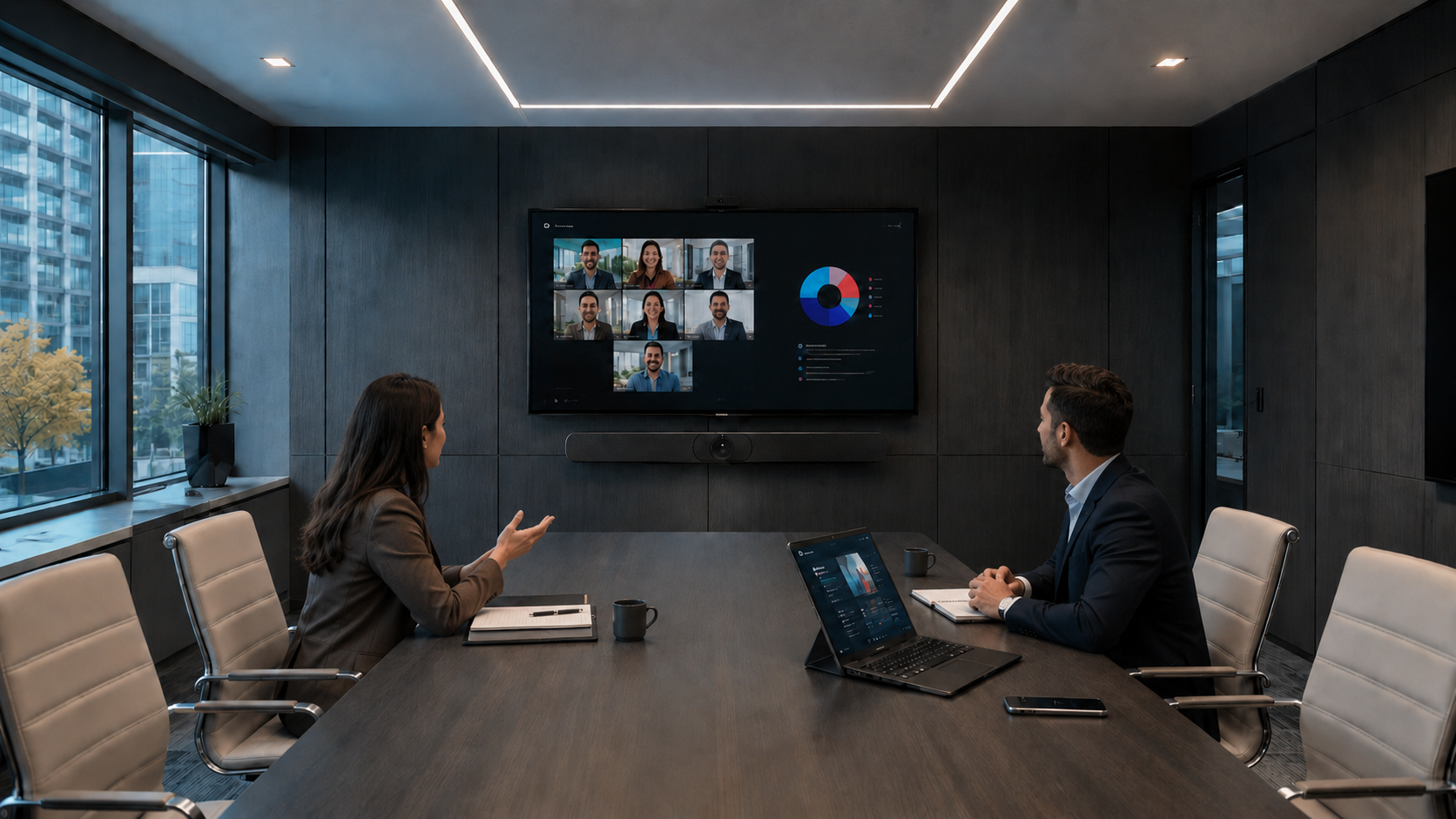 Professional boardroom with integrated audio visual and video conferencing systems