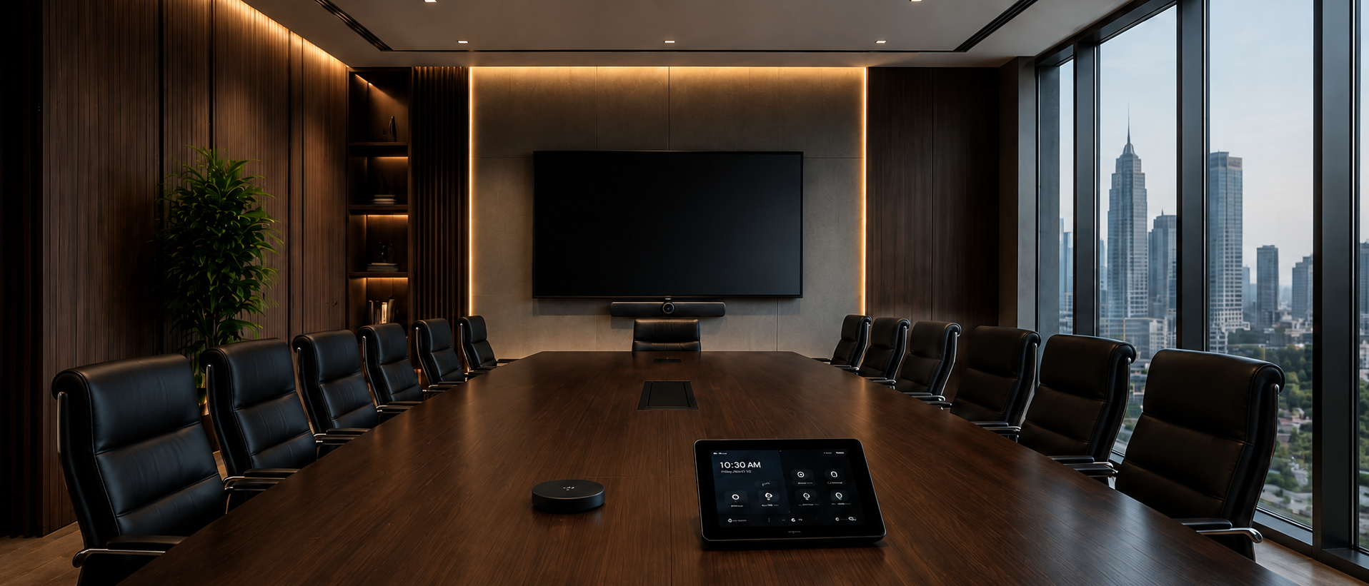 Premium executive boardroom with integrated displays and control