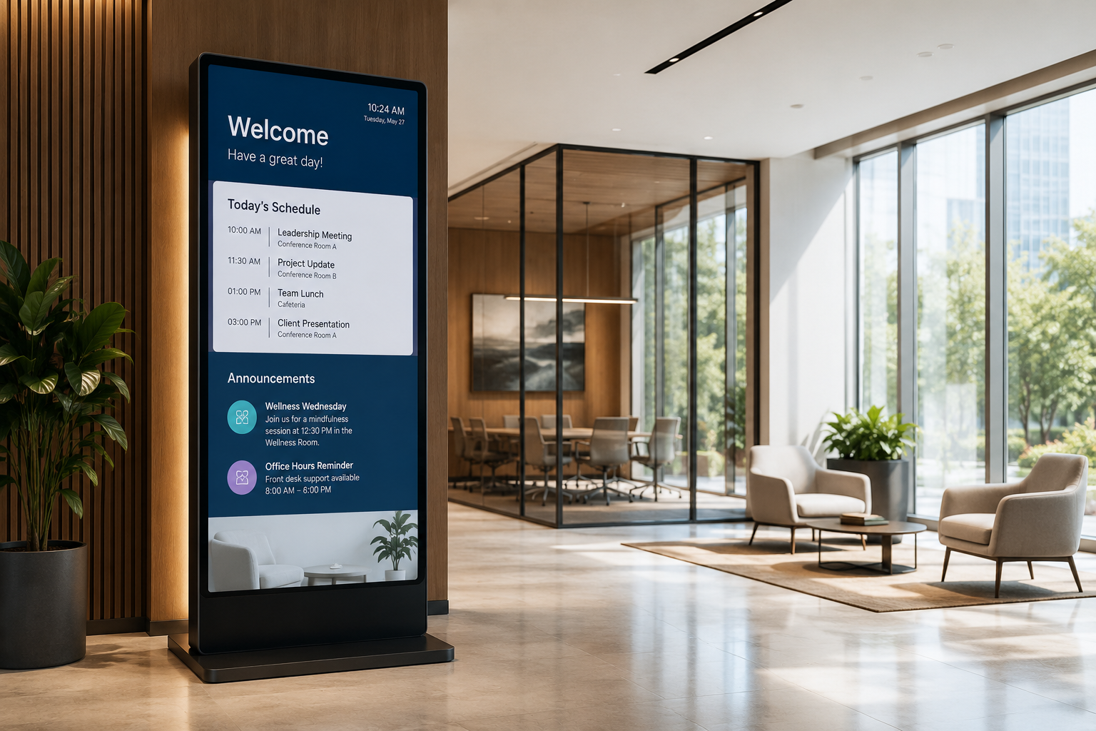 GoBright digital signage display in a modern workplace