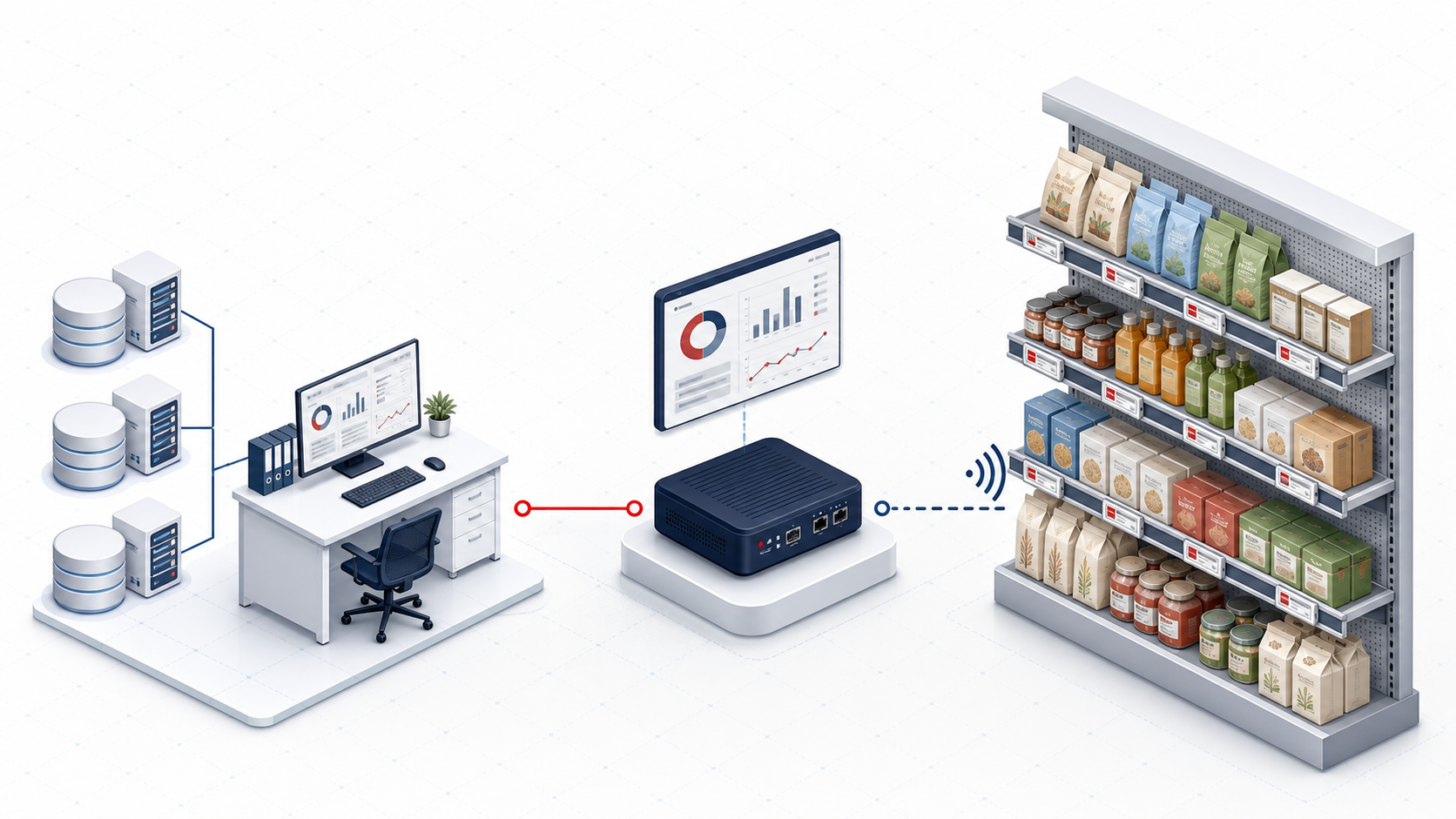 Diagram showing POS, ERP, and inventory systems connecting through an ESL platform to electronic shelf labels in a retail aisle