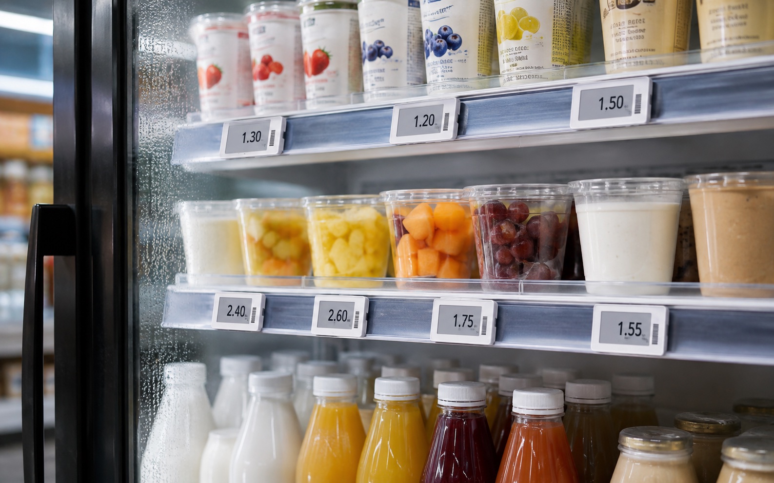 Electronic Shelf Labels installed inside a refrigerated retail display
