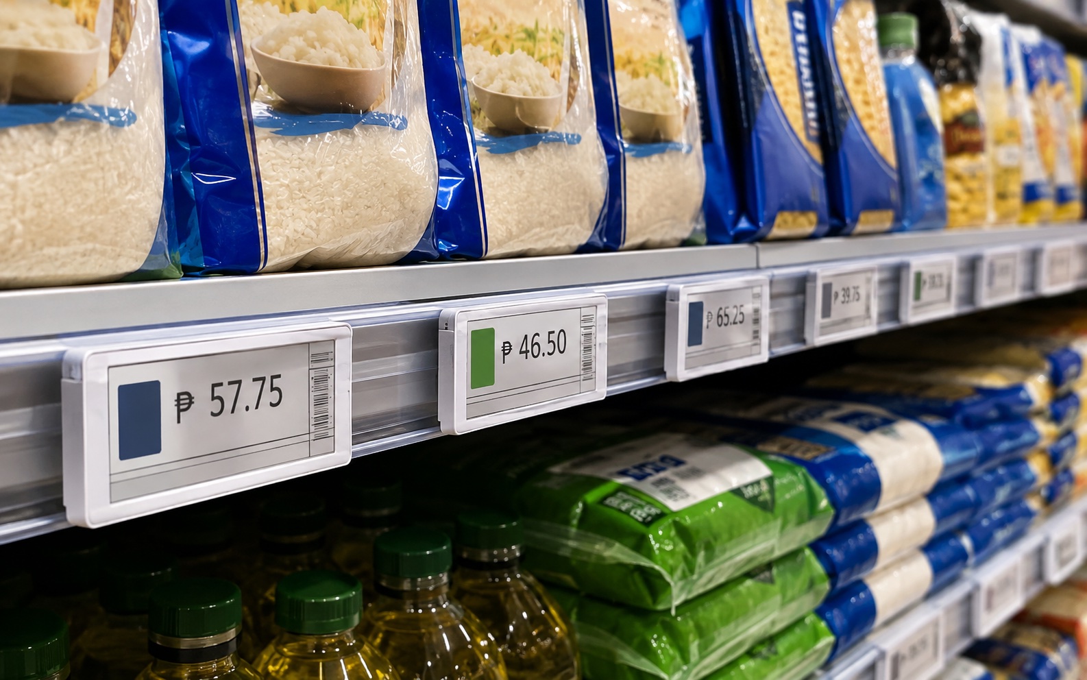Electronic Shelf Labels displaying everyday prices in a supermarket aisle