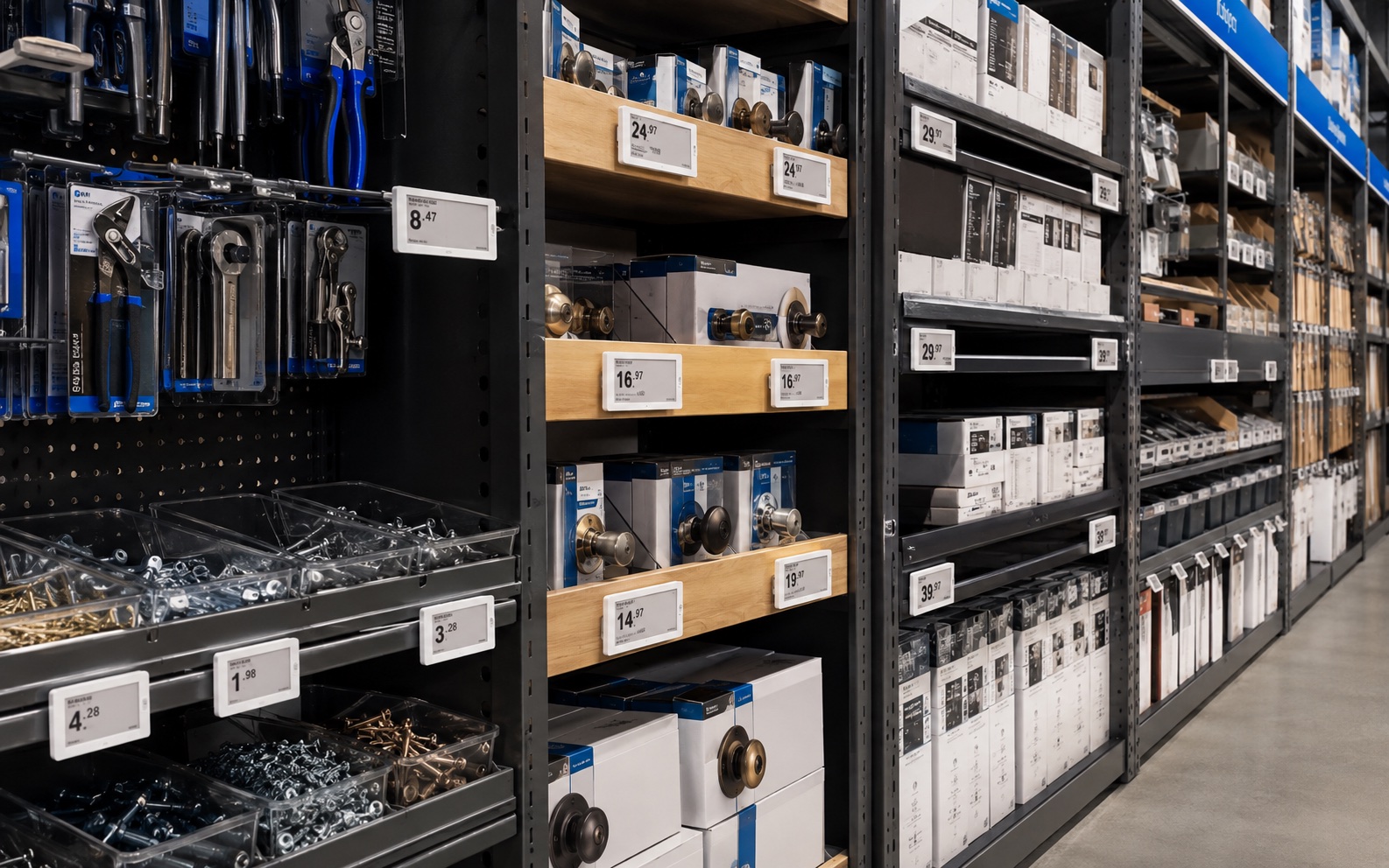 Electronic Shelf Labels mounted across varied hardware store shelves and fixtures