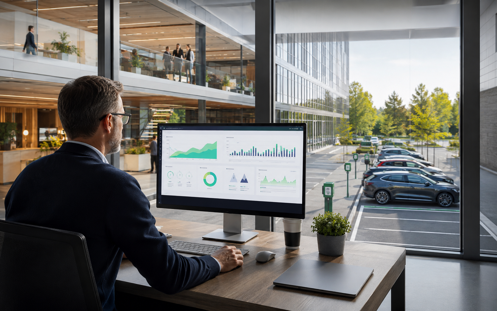 Facilities professional reviewing workplace analytics beside an organized office parking area
