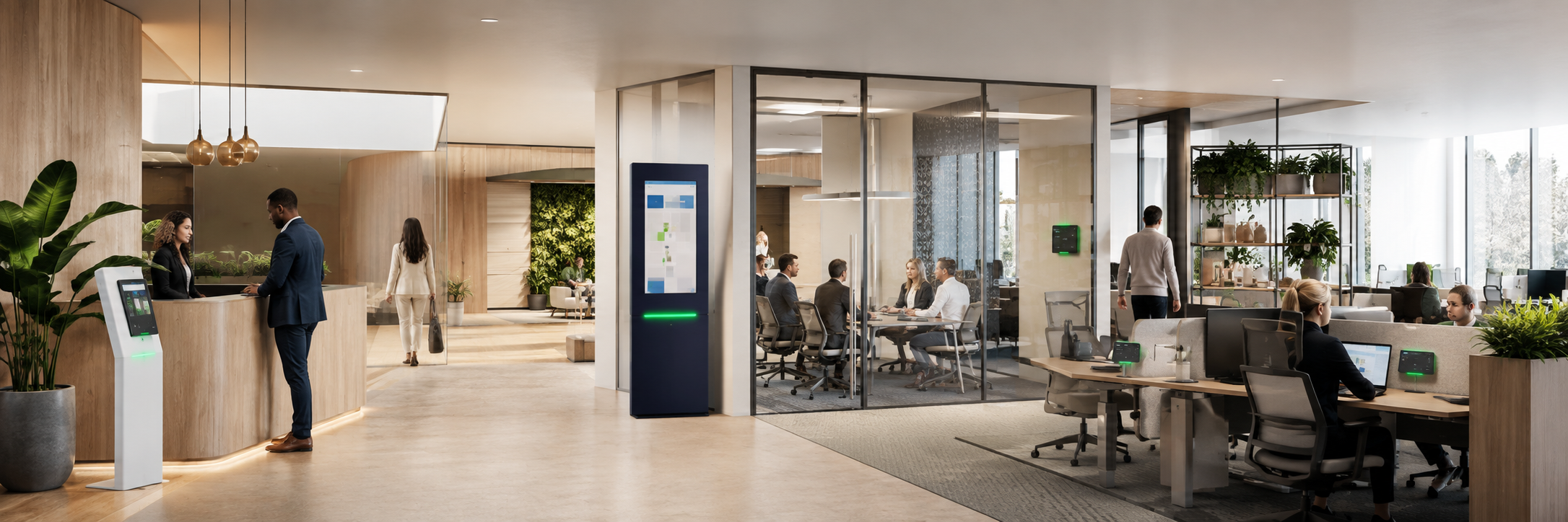 GoBright workplace booking interface showing available desks in a modern office