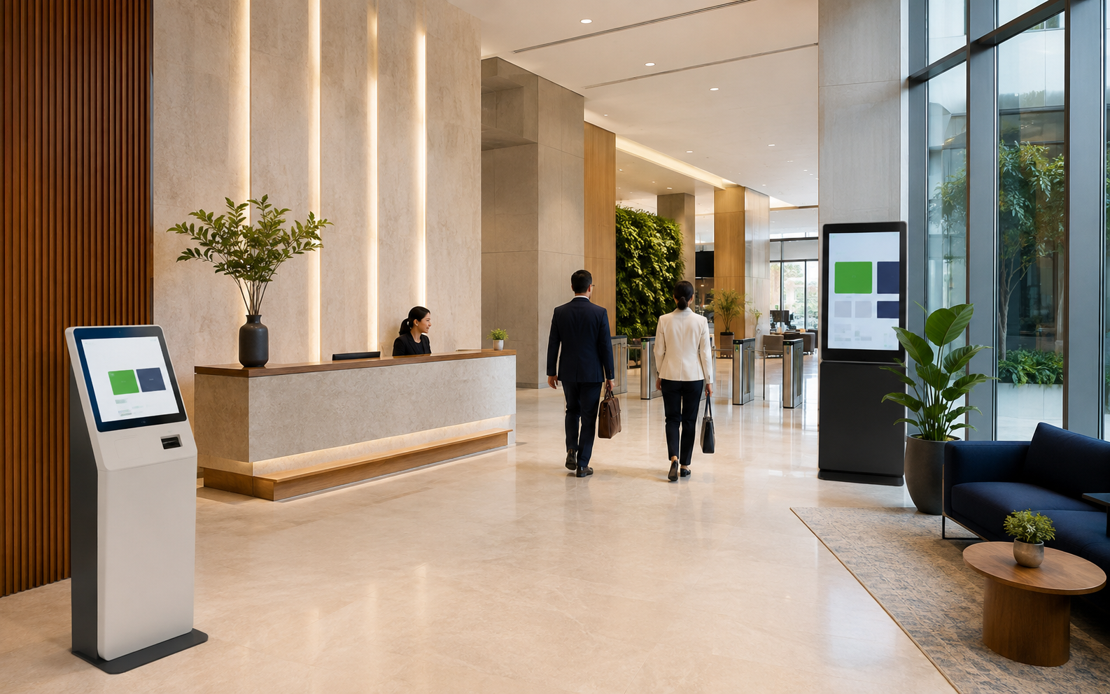 Corporate reception with a visitor check-in kiosk and digital wayfinding display