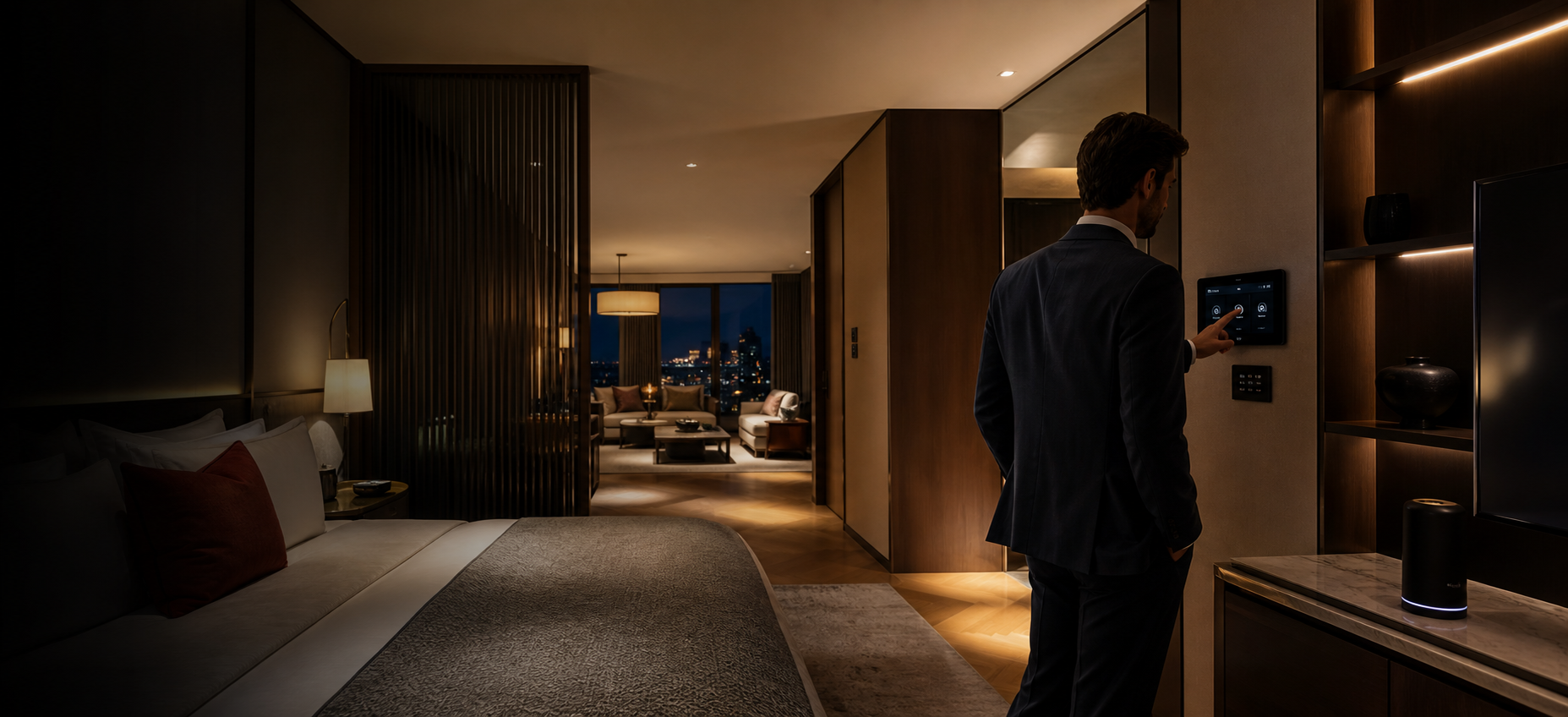 Luxury smart hotel room with integrated guest control technology