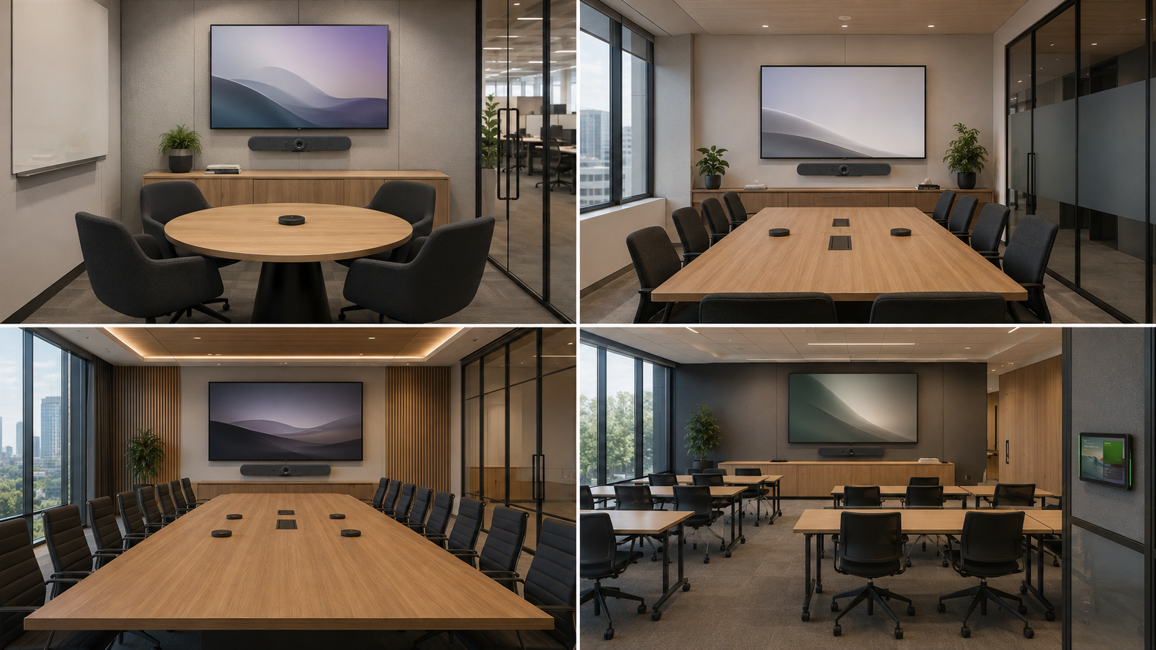 Compact four-person huddle room with a wall display and video bar