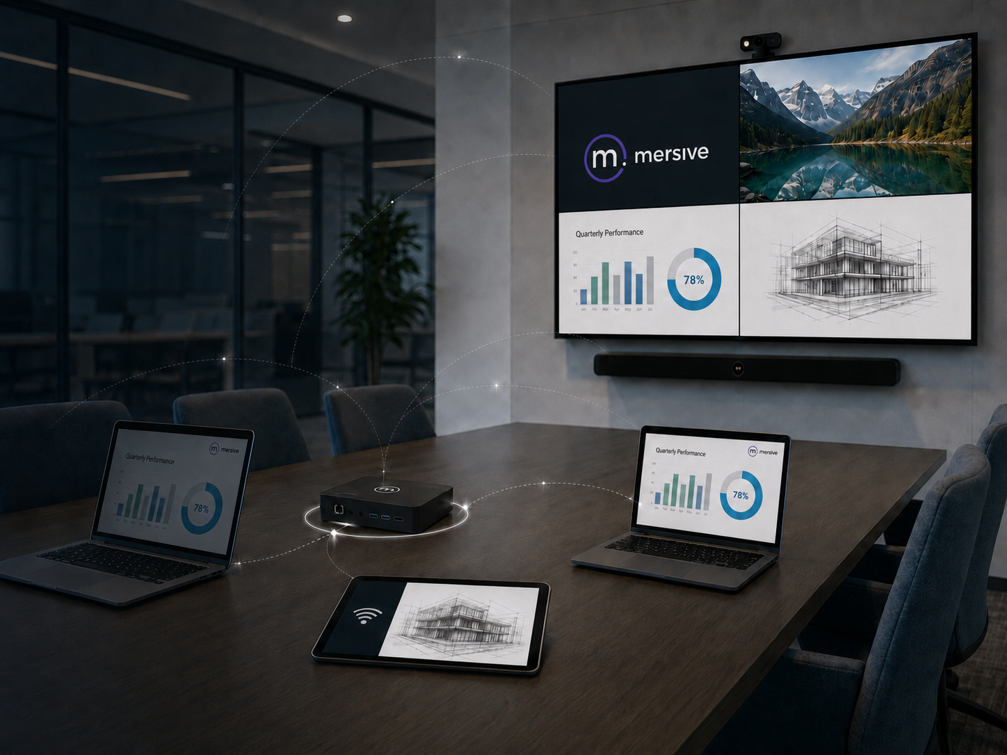 Mersive Solstice meeting room with wireless content sharing across multiple user devices