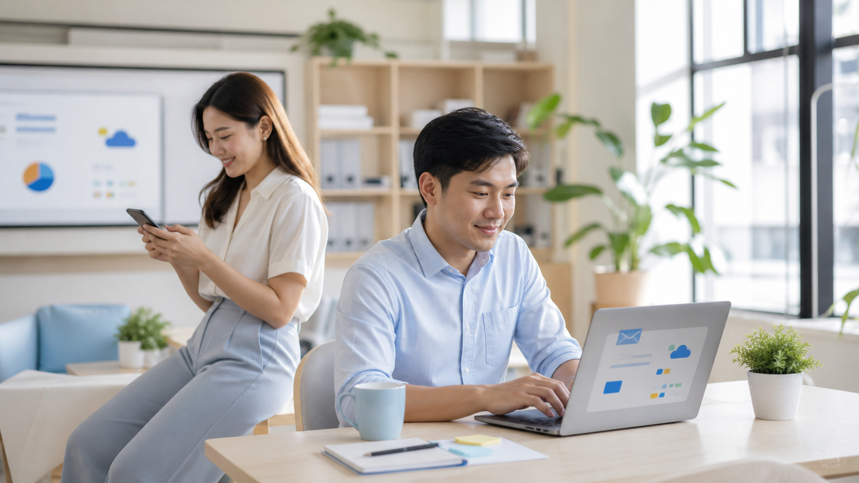 Small-business professionals using Microsoft 365 across a laptop and mobile device