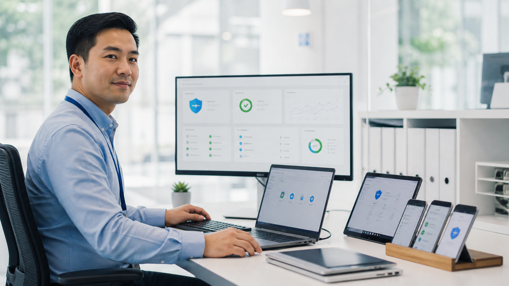 IT administrator managing business devices and security with Microsoft 365