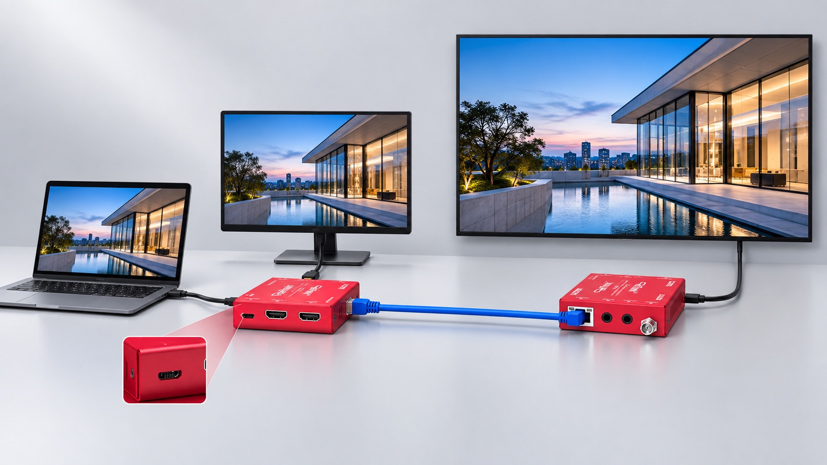 RAV-EX-H70 transmitter feeding matching local and remote displays through its loop output