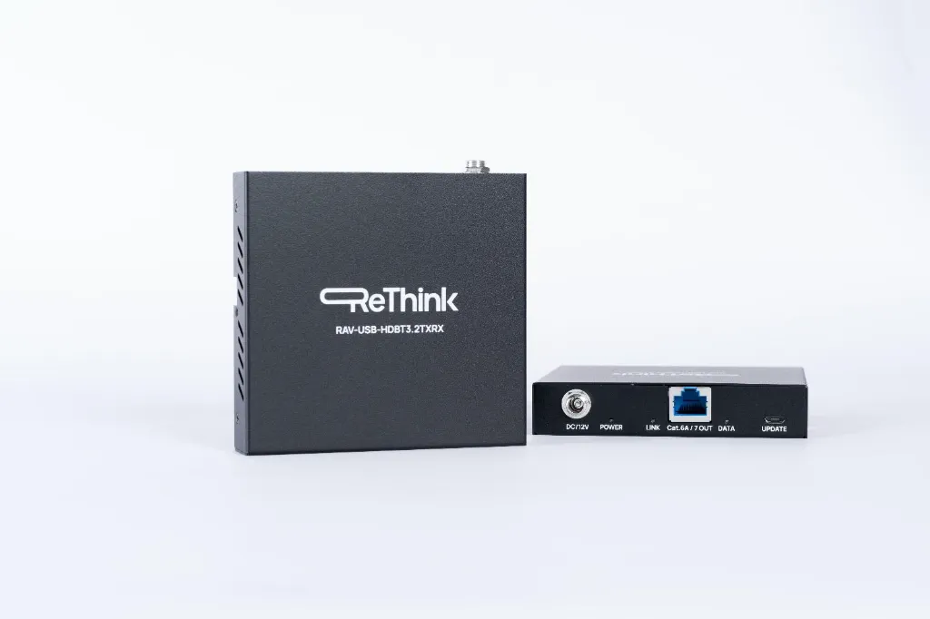 ReThink RAV-EX-UA100 hardware illustrating up to 100 metres over cat6a