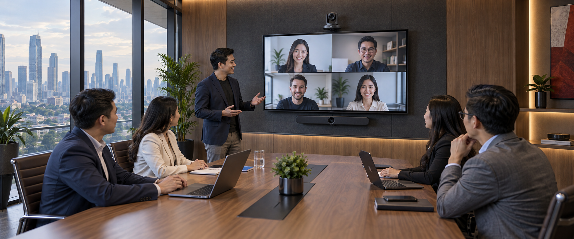 Professional meeting room with an integrated video bar and PTZ conference camera