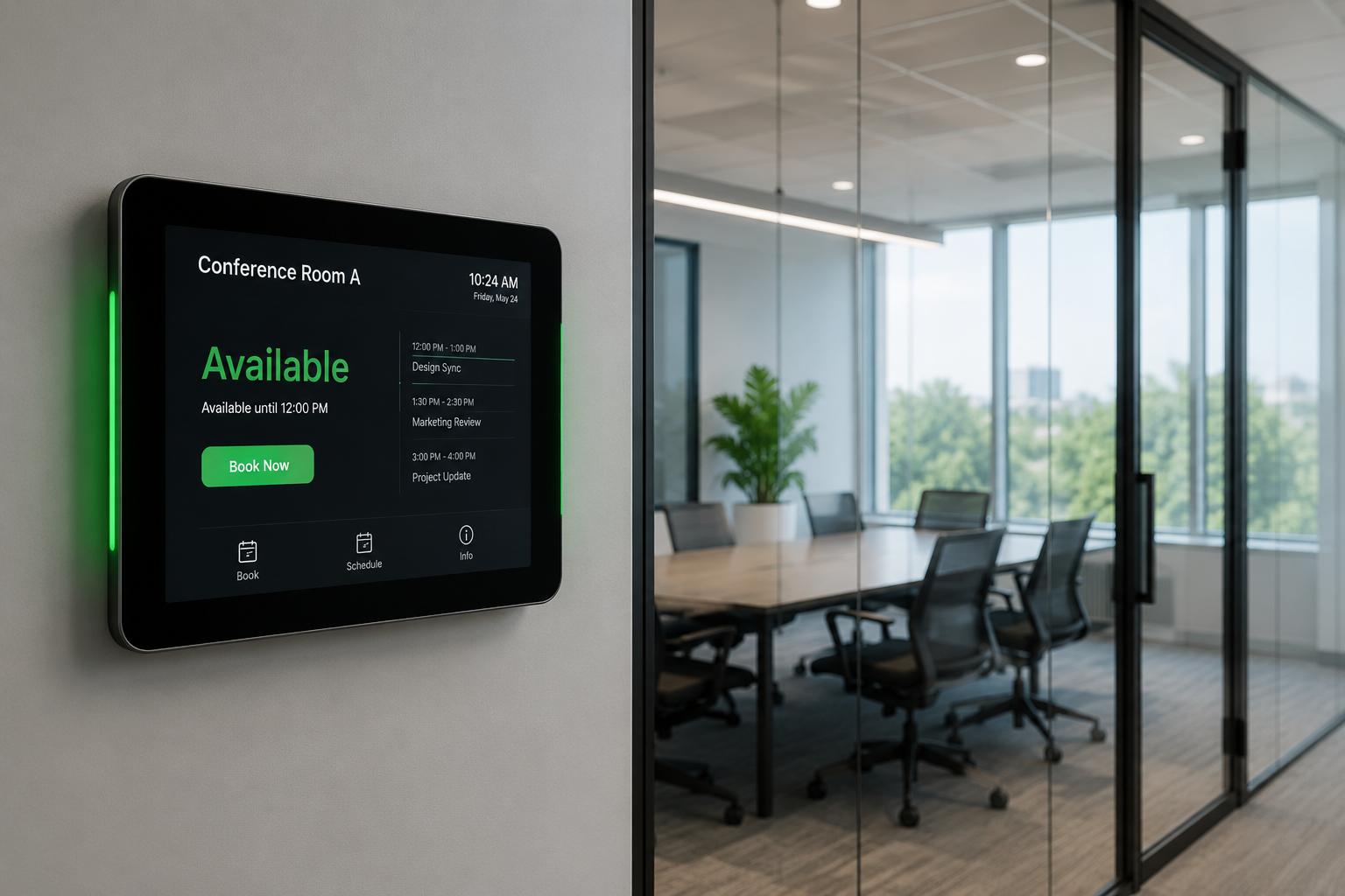 GoBright room booking panel outside a meeting room